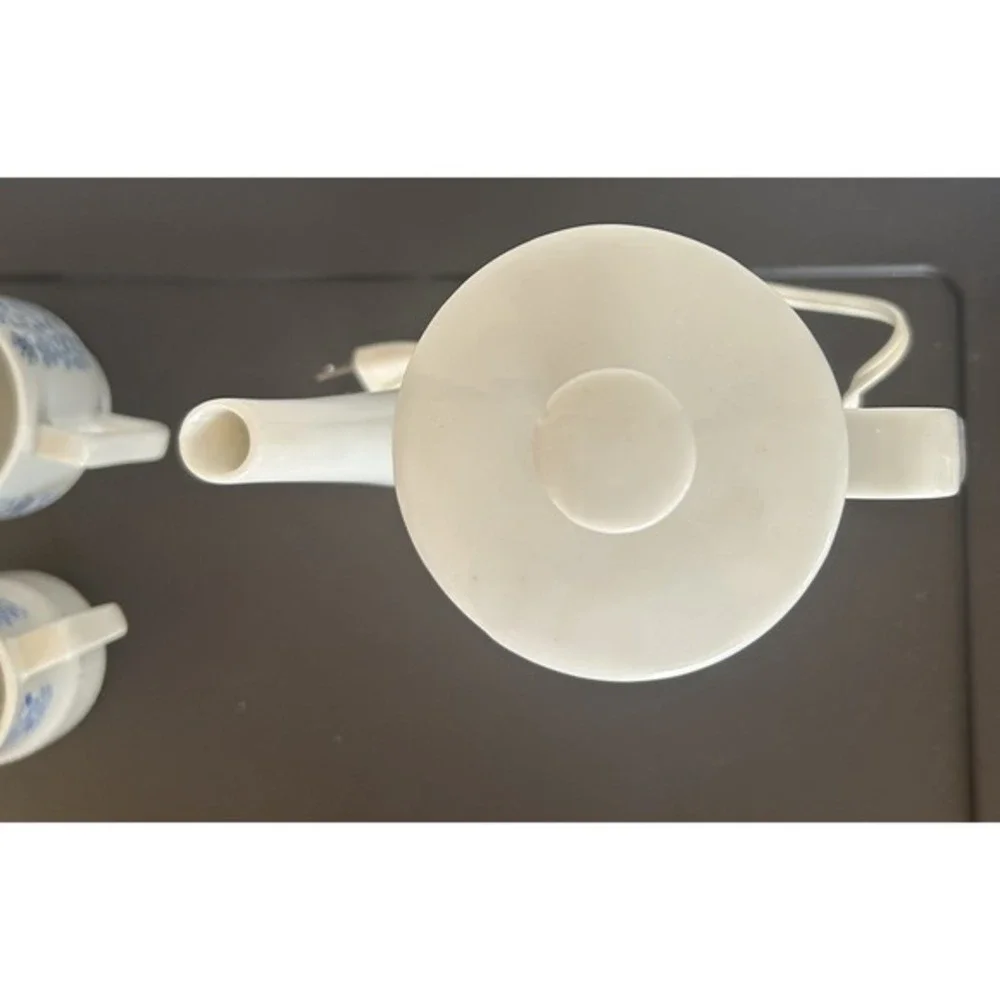 Vintage MCM Electric Kettle Creamer Pitcher Sugar Dish Mug Cup Blue Floral Japan